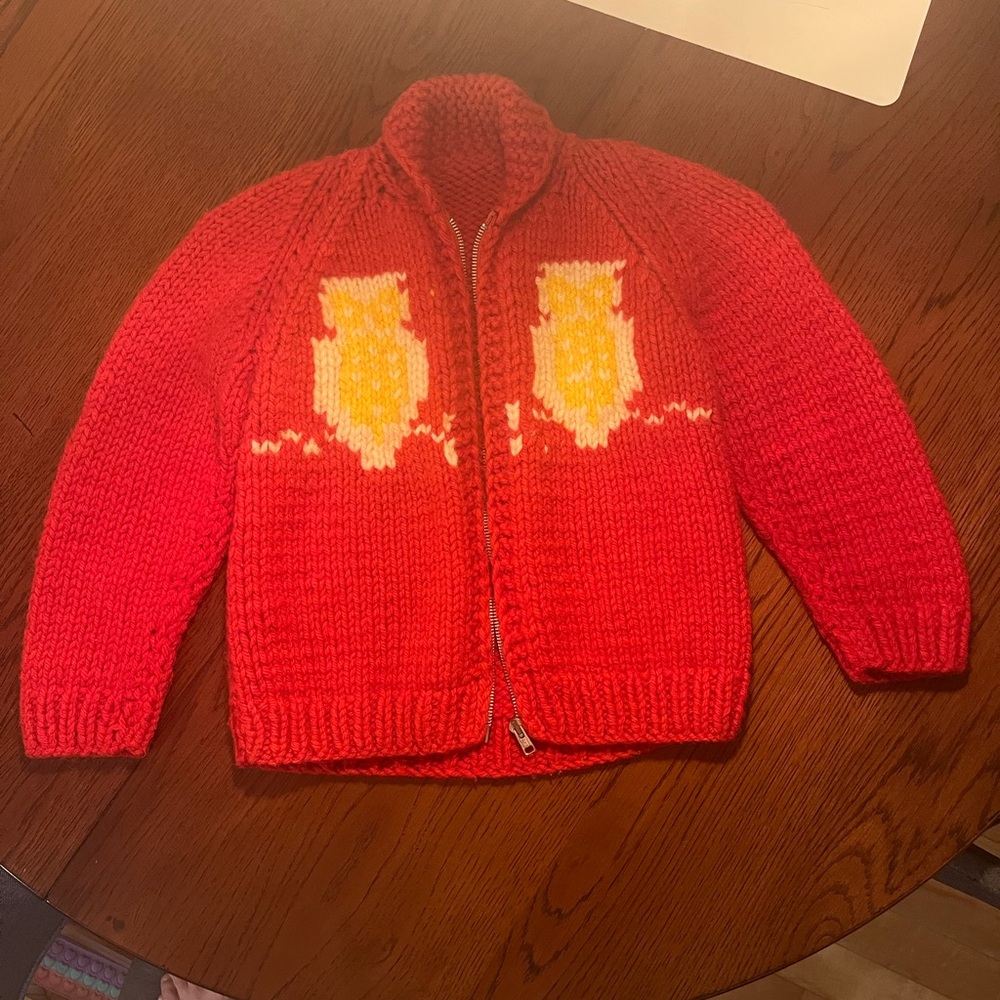 Red and yellow Owl hand knit Vintage Kids’ Sweater